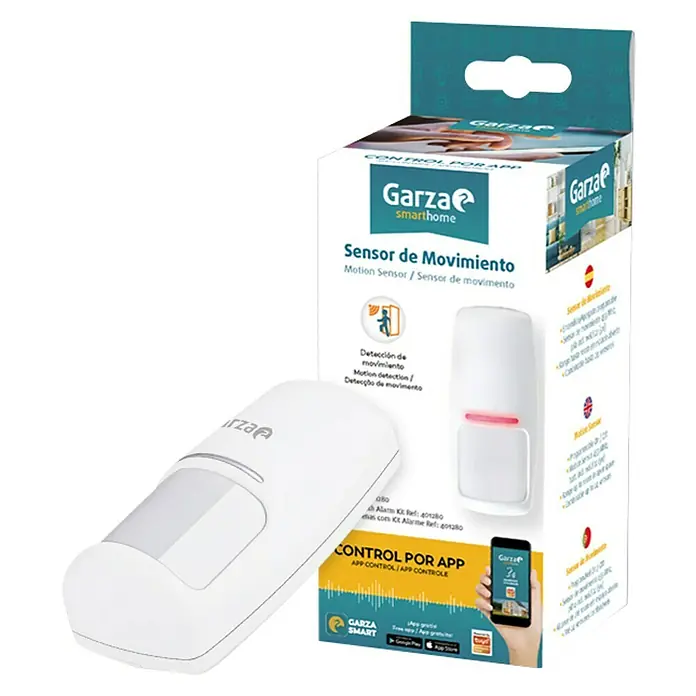 Garza Sensor de movimiento para alarma Wifi - Blanco, Alcance de detección: 100 m - Imagen de un sensor de movimiento Garza SmartHome y su embalaje. El sensor es blanco y compacto para una discreta monitorización.