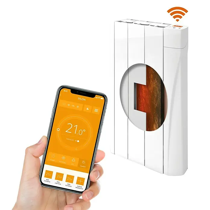 Voltomat HEATING Emisor térmico VOLCW - 500 W, Blanco, 9,8 x 34,5 x 57,5 cm, Cerámico - Una vista cercana de un radiador blanco con un teléfono inteligente naranja que muestra una aplicación de control de temperatura.
