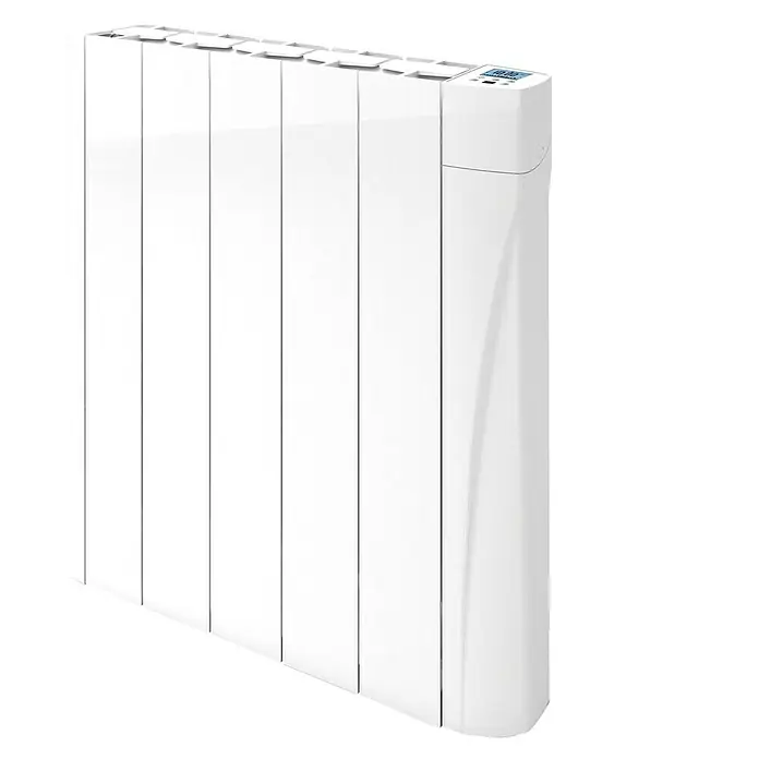 Voltomat HEATING Emisor térmico VOLTC - Potencia: 750 W, Blanco, 9,8 x 50,5 x 57,5 cm, Cerámico - Primer plano de un radiador blanco con pantalla digital, diseñado para brindar calidez y confort a cualquier habitación.