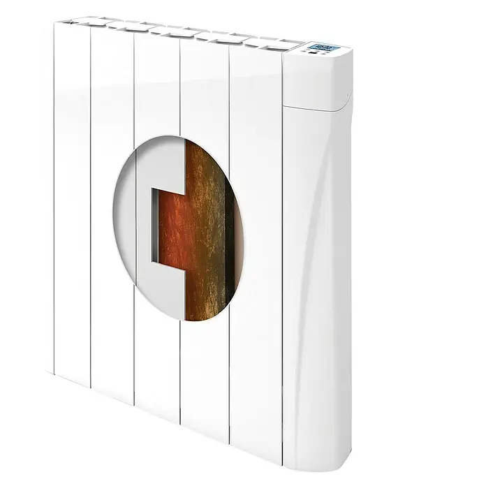 Voltomat HEATING Emisor térmico VOLTC - Potencia: 750 W, Blanco, 9,8 x 50,5 x 57,5 cm, Cerámico - Radiador blanco moderno con un corte que revela su estructura interna. Una pantalla es visible en la parte superior derecha, mostrando información digital.