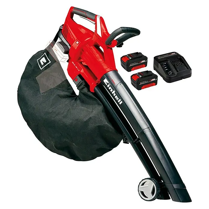 Einhell Akku-Laubsauger GE-CL 36 - Akkuspannung: 18 V, 2 Akkus, 3 Ah, Blasleistung: 720 m³/h, Blasgeschwindigkeit: 210 km/h - Abbildung eines Einhell Akku-Laubsaugers/-bläsers mit zwei Akkus und Ladegerät, ideal für die Gartenarbeit.