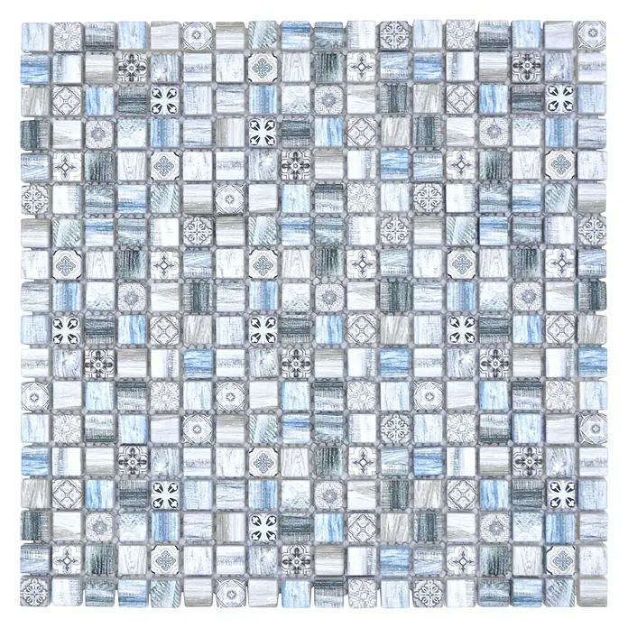 Mosaikfliese Quadrat Crystal XCM RW39 - 30 x 30 cm, Mehrfarbig, Matt - Vielfältige Mosaikfliesen mit blau-grauen Farbtönen und dekorativen Mustern für stilvolle Wand- und Bodengestaltung.