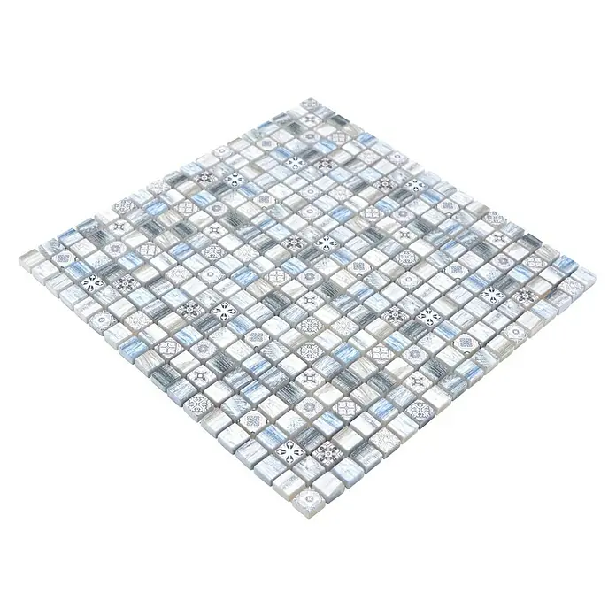 Mosaikfliese Quadrat Crystal XCM RW39 - 30 x 30 cm, Mehrfarbig, Matt - Quadratische Fliese mit blau-grauem Mosaikmuster, perfekt für Badezimmer oder Küche.