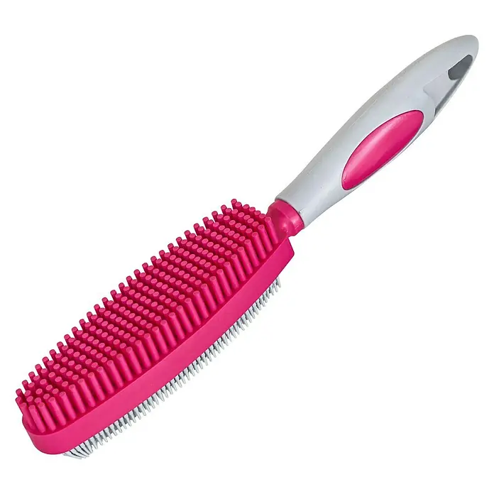 Peggy Perfect Tierhaar-Entferner Gummibürste Hairy Dog - Pink, Material Borsten: Gummi, Kunststoff - Nahaufnahme einer rosafarbenen Tierhaarbürste mit einem weißen Griff und zwei Arten von Borsten.