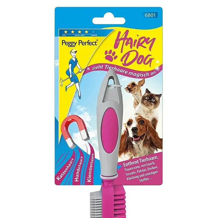 Peggy Perfect Tierhaar-Entferner Gummibürste Hairy Dog - Pink, Material Borsten: Gummi, Kunststoff - Eine pinkfarbene "Peggy Perfect Hairy Dog" Tierhaarbürste mit Verpackung ist abgebildet.