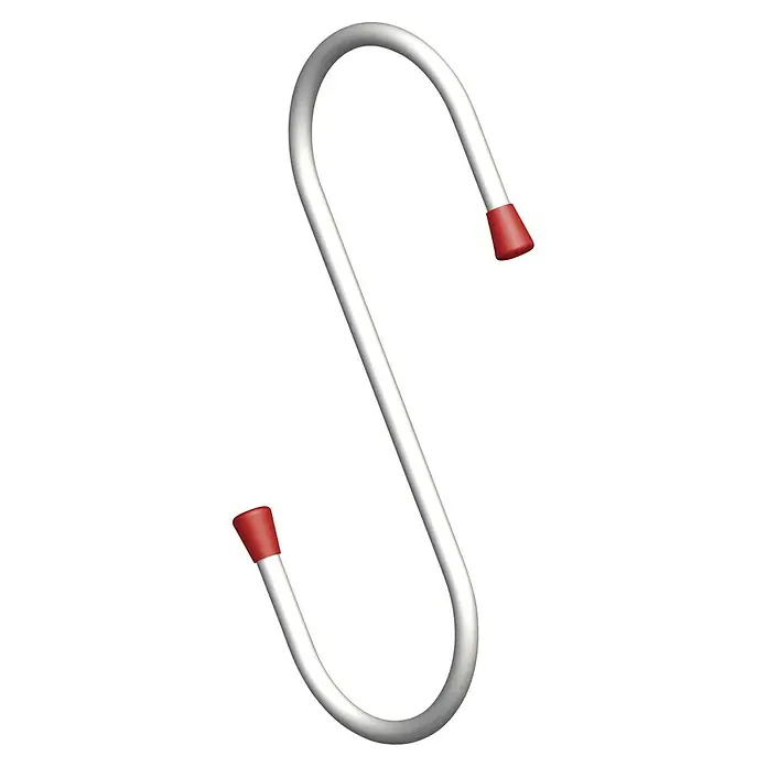 Stabilit S-Haken - 10,4 x 17,5 cm, Belastbarkeit: 25 kg - Nahaufnahme eines silbernen S-Haken mit roten Endkappen, ideal zum Aufhängen von Gegenständen in Küche oder Bad.