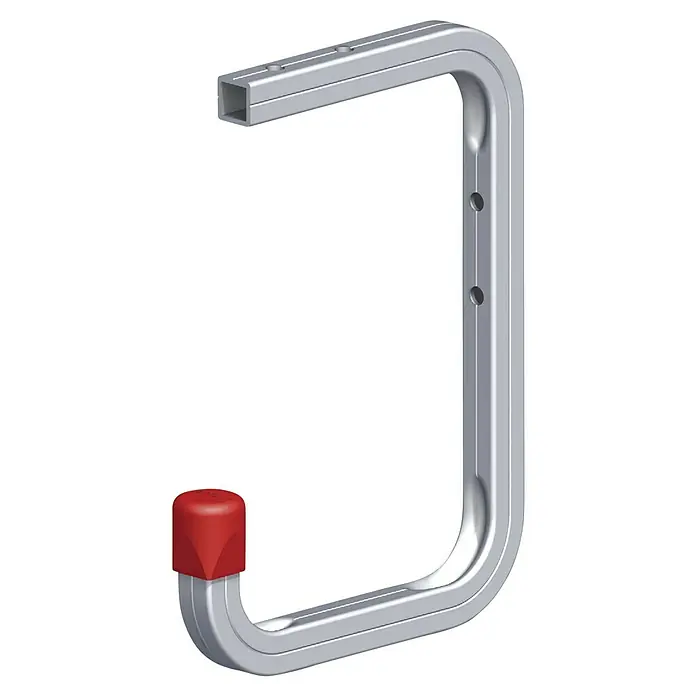 Wandhaken Typ 7 - L x H: 155 x 255 mm, Belastbarkeit: 30 kg - Ein silberner Fahrradträger mit einer roten Schutzkappe am unteren Ende, ideal für sicheren Transport.