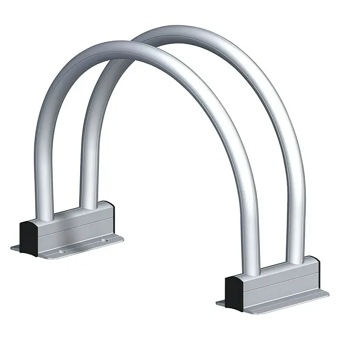 Kantoflex Fahrradständer Blank Starr - L x B x H: 365 x 110 x 250 mm - Eine silberne Fahrradständer-Konstruktion mit zwei gebogenen Rohren, ideal zur sicheren Fahrradaufbewahrung.