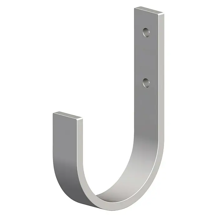 Universalhaken - B x H: 70 x 110 mm, Belastbarkeit: 55 kg - Ein silberner J-Haken mit zwei Löchern zur Befestigung. Ideal für die Aufbewahrung und Organisation von Gegenständen.