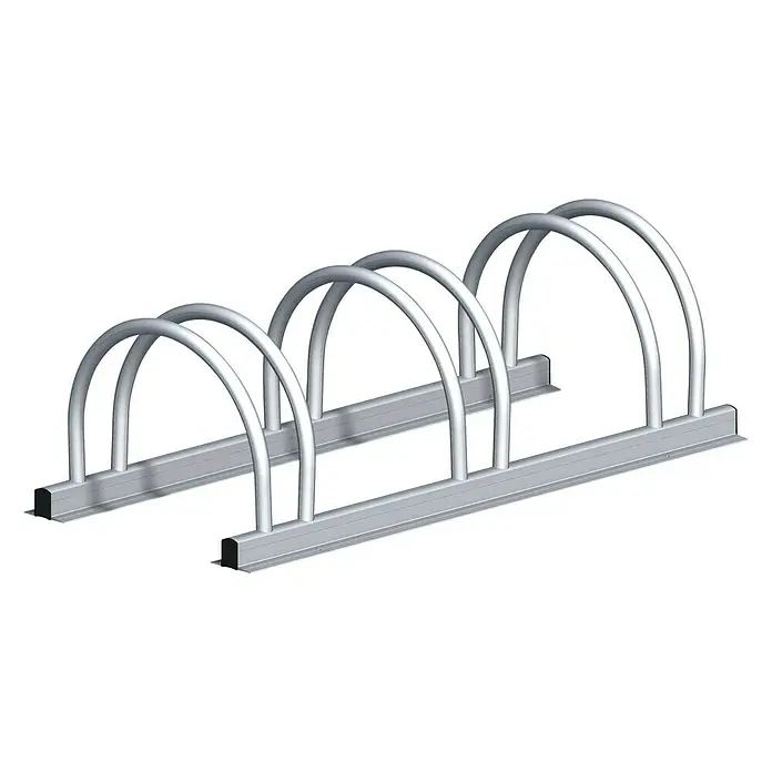 Kantoflex Fahrradständer 3-fach Starr - L x B x H: 800 x 365 x 250 mm - Abbildung einer Fahrradabstellanlage aus Metall mit Platz für mehrere Fahrräder in Silber auf schwarzem Hintergrund.