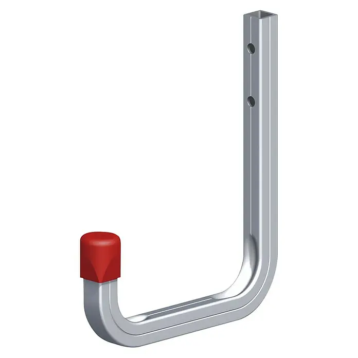 Wandhaken Typ 3 - L x H: 80 x 120 mm, Belastbarkeit: 30 kg - Ein robuster, silberfarbener Wandhaken mit roter Schutzkappe, ideal zur platzsparenden Aufbewahrung von Gegenständen in Garage oder Keller.