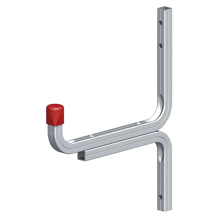 Schwerlasthaken Typ 5 - L x H: 175 x 220 mm, Belastbarkeit: 50 kg - Wandmontierter Fahrradaufhänger aus Metall mit roter Schutzkappe zur platzsparenden Fahrradaufbewahrung.