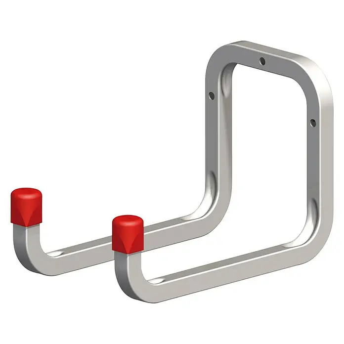 Stabilit Gerätehalter - 32,5 x 9 x 12 cm, Belastbarkeit: 5 kg, Durchmesser: 12 mm - Wandhaken mit roter Schutzkappe. Der Metallhaken ist ideal für die Aufbewahrung von Werkzeugen und Gartengeräten in Garage oder Schuppen.