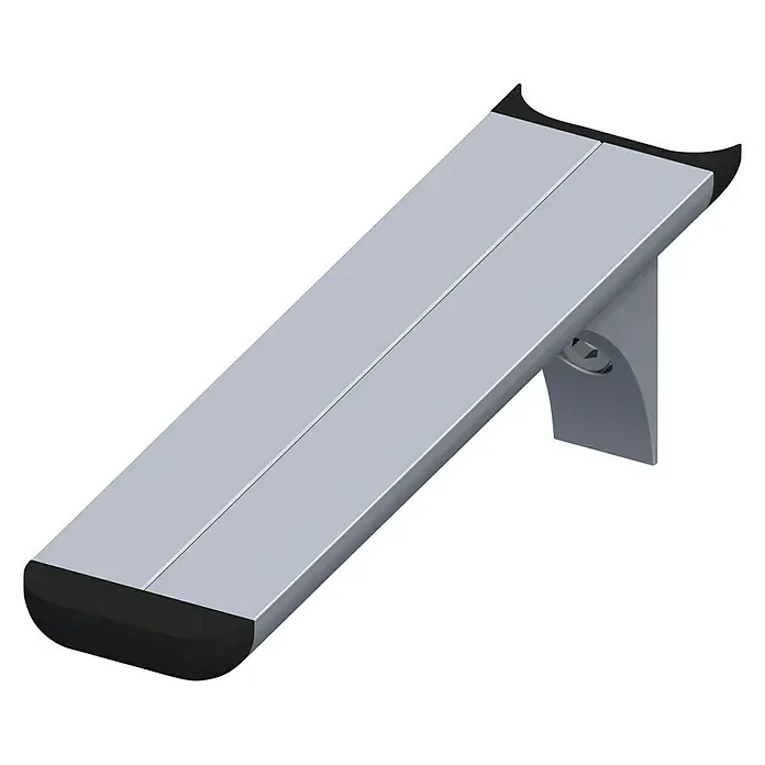Kantoflex Coaxis Regalträger - 67 x 10 mm, Aluminium, Unbehandelt - Nahaufnahme einer silbernen Gerätehalterung mit schwarzen Endkappen. Solide Konstruktion für sicheren Halt.