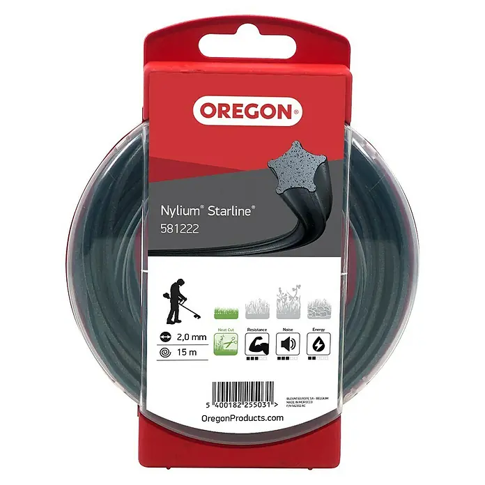 Oregon Nylonfaden Starline - Fadenlänge: 15 m, Fadenstärke: 2 mm - Oregon Nylium Starlinie 581222 Fadenspule für Rasentrimmer. Die Spule enthält 15 m Faden mit einem Durchmesser von 2,0 mm.
