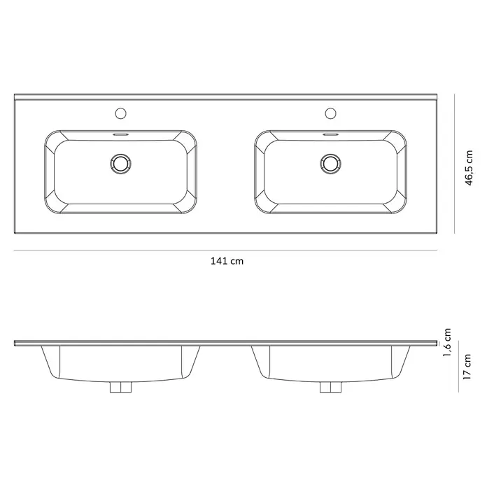Artysan Lavabo doble - 140 x 46 cm, Orificios para grifo: Medio, Con desbordamiento, Blanco - Dibujo técnico de un lavabo doble con dimensiones 141 x 46,5 x 17 cm.