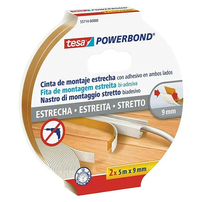 Tesa Cinta de doble cara Powerbond Slim - 9 mm x 5 m, Amarillo - Cinta de montaje Tesa Powerbond: cinta adhesiva estrecha de doble cara para diversas aplicaciones de montaje en interiores.