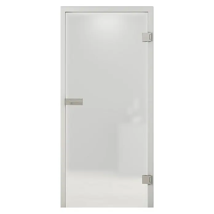 Diamond Doors Glasdrehtür 603 - 834 x 1.972 mm, DIN Anschlag: Links/Rechts, Verbundsicherheitsglas (VSG), Mattiert - Elegante, matte Glastür mit modernem Griff und Scharnieren. Ideal für Badezimmer oder als stilvolle Raumtrennung, die Privatsphäre und Licht vereint.