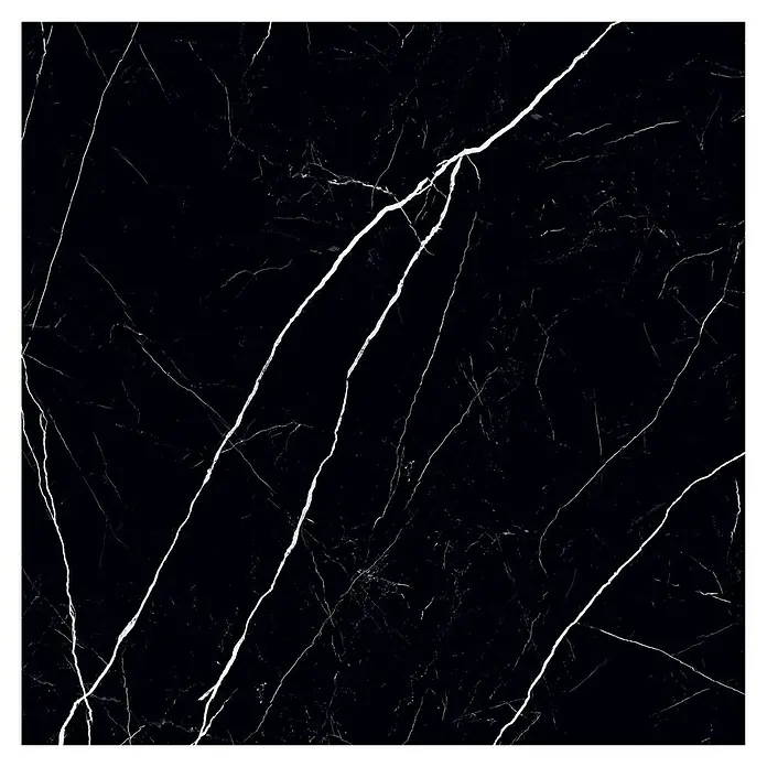 Feinsteinzeugfliese Black Marble - 120 x 120 cm, Schwarz, Glänzend - Schwarzer Marmor mit weißen Adern für Bodenbeläge oder Wandverkleidungen, ideal für ein elegantes und modernes Design.