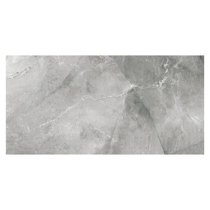 Feinsteinzeugfliese Pulpis - 60 x 120 cm, Grau, Glänzend - Detailaufnahme einer grauen Marmorfliese mit feinen, hellen Adern, die ein elegantes und modernes Design aufweist.\n