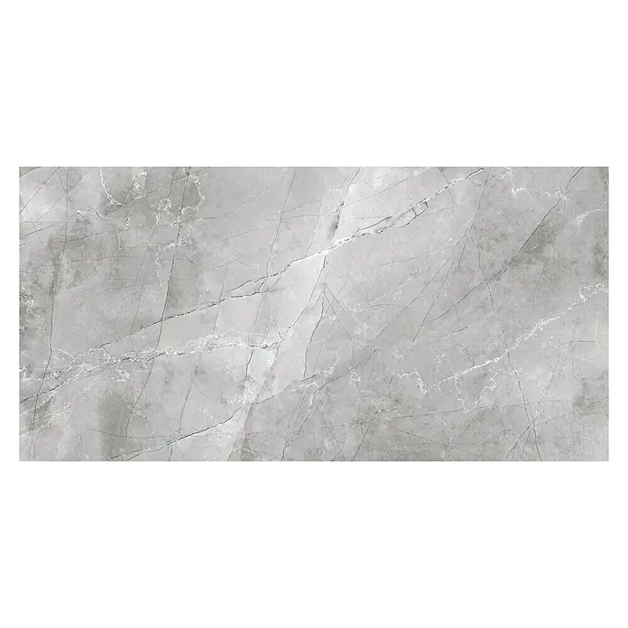 Feinsteinzeugfliese Pulpis - 60 x 120 cm, Grau, Glänzend - Elegante graue Marmorfliese mit subtilen weißen Adern für eine luxuriöse und moderne Raumgestaltung.