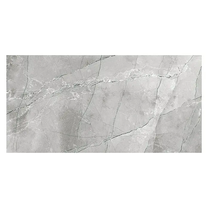 Feinsteinzeugfliese Pulpis - 60 x 120 cm, Grau, Glänzend - Graue Marmorfliese mit dezenten, dunklen und hellen Adern für ein elegantes und modernes Design. Ideal für Boden- und Wandbeläge.