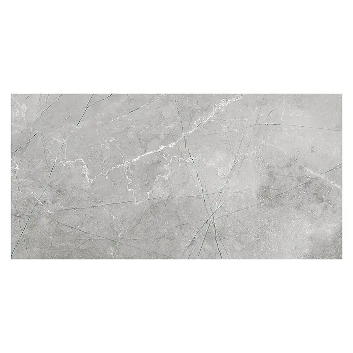 Feinsteinzeugfliese Pulpis - 60 x 120 cm, Grau, Glänzend - Graue Marmorfliese mit feinen Rissen und Textur, ideal für moderne Innenräume. Hochwertige Optik für stilvolle Raumgestaltung.
