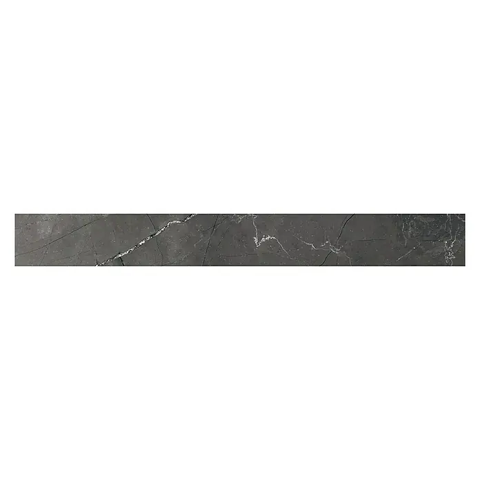 Sockelfliese Pulpis - 7 x 60 cm, Schwarz, Glänzend - Elegante dunkle Marmorplatte mit feinen weißen Adern auf schwarzem Hintergrund, ideal für stilvolle Akzente.