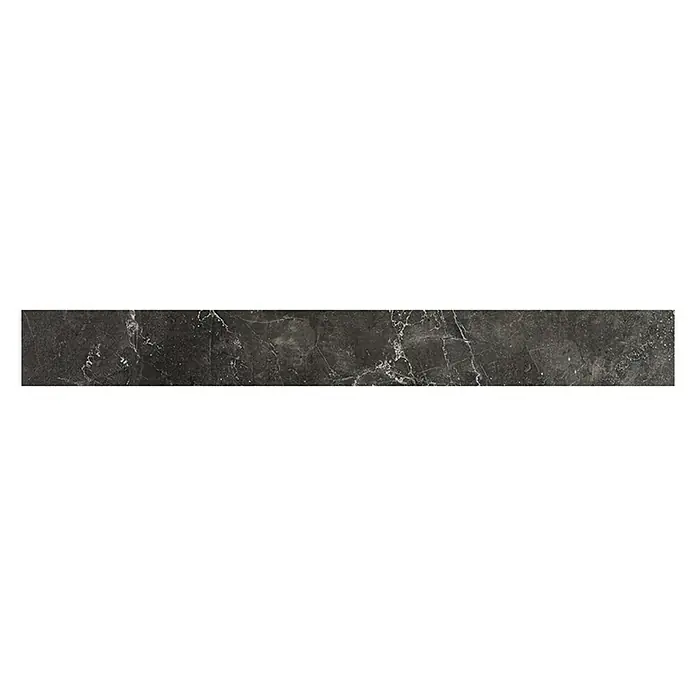 Sockelfliese Premium Marble - 7 x 60 cm, Anthrazit, Glänzend - Dunkelgraue Marmorfliese mit weißen Adern auf schwarzem Hintergrund, ideal für elegante Innenräume.