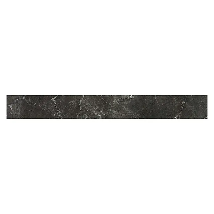 Sockelfliese Premium Marble - 7 x 60 cm, Anthrazit, Glänzend - Schwarze, längliche Fliese mit Marmorierung. Das Produkt besticht durch sein edles und elegantes Aussehen. Ideal für Bad oder Küche.