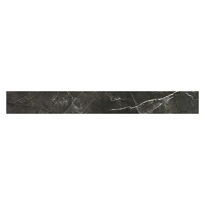 Sockelfliese Premium Marble - 7 x 60 cm, Anthrazit, Glänzend - Das Bild zeigt eine dunkle Marmorfliese mit weißen Adern, die sich über ihre Oberfläche ziehen und ein elegantes und modernes Aussehen verleihen.