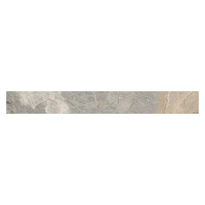 Sockelfliese Etienne - 7 x 60 cm, Beige, Glänzend - Ein rechteckiges Mosaikmuster mit einer Mischung aus grauen und beigen Farbtönen und einer markanten Marmorierung, ideal für elegante Raumgestaltungen.