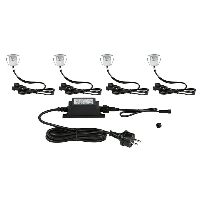 Paulmann Bodeneinbauleuchten-Basis-Set Link & Light - 0,8 W, Silber, IP67 - Das Bild zeigt ein Set von LED-Gartenleuchten mit Stromversorgung und Anschlusskabel, ideal für stimmungsvolle Beleuchtung im Außenbereich.