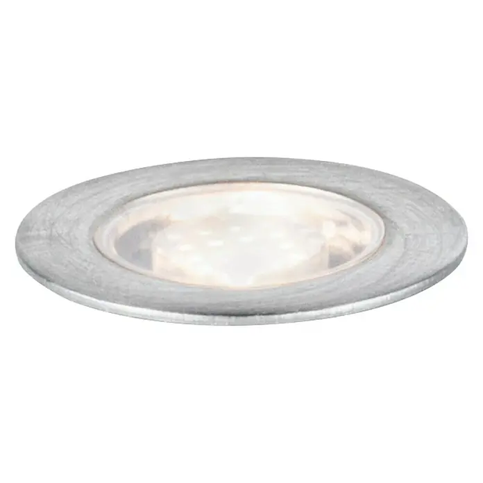 Paulmann Link & Light Bodeneinbauleuchte - 0,3 W, Silber - Eine runde LED-Einbauleuchte mit silberfarbenem Rand ist in der Nahaufnahme zu sehen und sorgt für ein helles, warmes Licht.