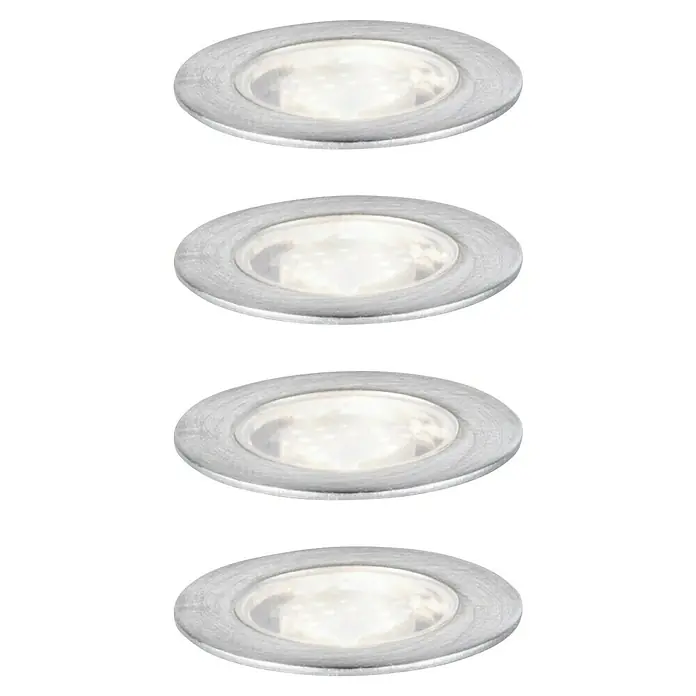 Paulmann Bodeneinbauleuchte Link & Light - 0,5 W, Silber - Vier runde LED-Einbaustrahler mit gebürstetem Metallrahmen und hellem, diffusem Licht auf schwarzem Hintergrund.