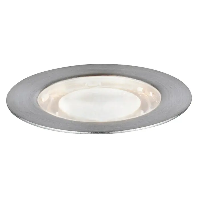 Paulmann Link & Light Bodeneinbauleuchte - 0,6 W, Silber - Nahaufnahme einer runden LED-Einbauleuchte mit gebürsteter Metalloberfläche und sanftem, warmem Licht, ideal für moderne Innenräume.