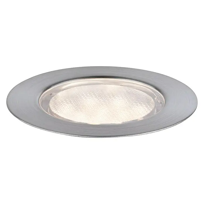 Paulmann Link & Light Bodeneinbauleuchte - 1,5 W, Silber - Nahaufnahme einer versenkten LED-Deckenleuchte mit gebürstetem Nickelrahmen, die ein helles, fokussiertes Licht ausstrahlt.