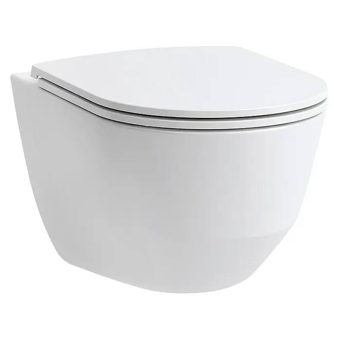 Laufen Pro Wand-WC Compact - Spülrandlos, Ohne Spezialglasur, Spülform: Tief, WC Abgang: Waagerecht, Weiß - Nahaufnahme einer wandhängenden Toilette mit abgerundeten Kanten und einem eleganten, minimalistischen Design vor schwarzem Hintergrund.