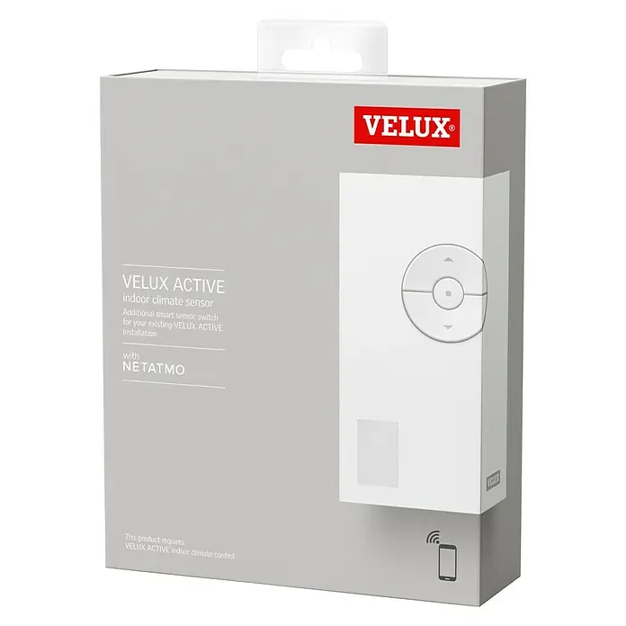 Velux Active Sensor Raumklima KLA 300 - Passend für: VELUX ACTIVE Starter-Set with NETATMO KIX 300 - Ein VELUX ACTIVE Innenraumklima-Sensor in einer Produktverpackung. Der Sensor optimiert das Raumklima und erhöht den Wohnkomfort.