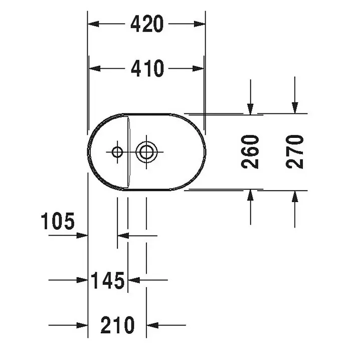 Duravit Luv Aufsatzwaschbecken - 42 x 27 cm, Ohne Spezialglasur, Hahnloch: Rechts, Ohne Überlauf, Weiß - Technische Zeichnung eines ovalen Waschbeckens mit Maßen von 420x270 mm, 260 mm Tiefe und Befestigungsabstand von 210 mm.