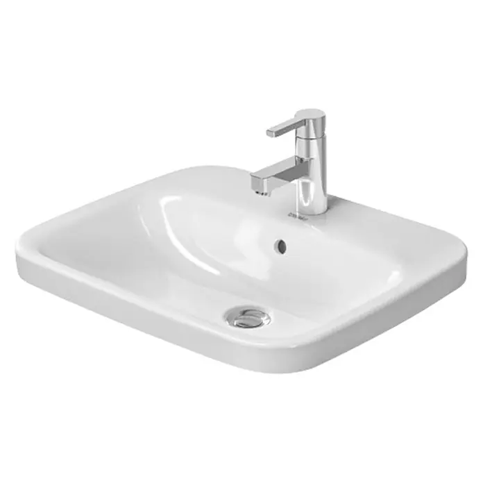 Duravit DuraStyle Einbauwaschbecken - 56 x 45,5 cm, Ohne Spezialglasur, Hahnloch: Mitte, Mit Überlauf, Weiß - Ein elegantes, rechteckiges Waschbecken mit einer modernen Armatur, ideal für stilvolle Badezimmerdesigns.