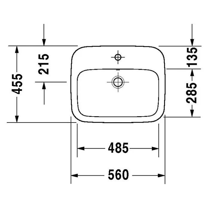 Duravit DuraStyle Einbauwaschbecken - 56 x 45,5 cm, Ohne Spezialglasur, Hahnloch: Mitte, Mit Überlauf, Weiß - Detaillierte technische Zeichnung eines rechteckigen Waschbeckens mit abgerundeten Ecken und den Maßen 455 x 560 mm.
