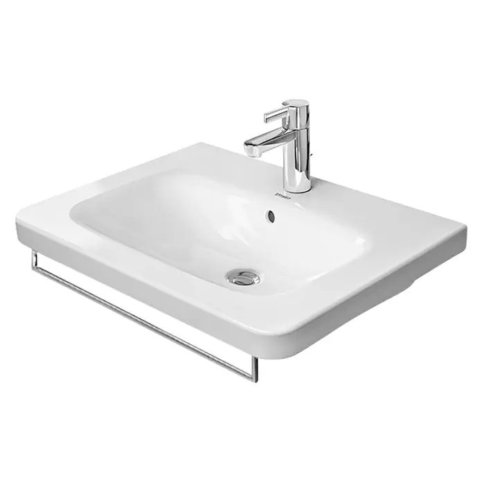 Duravit DuraStyle Handtuchhalter - Breite: 73,9 cm, Chrom, Passend für: Duravit DuraStyle Waschtische - Ein modernes Waschbecken mit Armatur und Handtuchhalter. Das Waschbecken ist aus weißer Keramik und hat eine rechteckige Form.