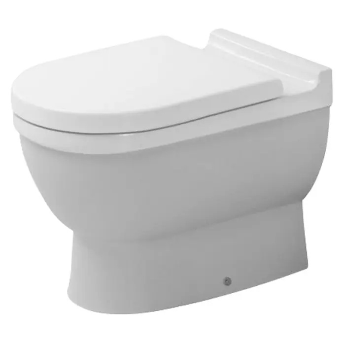 Duravit Starck 3 Stand-WC - Mit Spülrand, Ohne Spezialglasur, Spülform: Tief, WC Abgang: Waagerecht, Weiß - Nahaufnahme einer modernen, spülrandlosen Toilette in Weiß, die ein elegantes Design und eine einfache Reinigung verspricht.