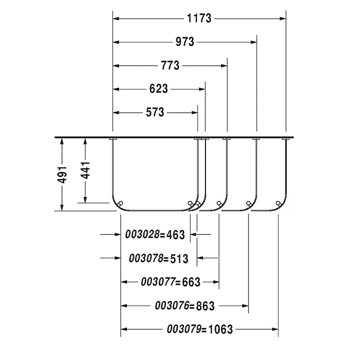 Duravit Happy D.2 Konsole - B x L: 117,3 x 49,1 cm, Chrom - Technische Zeichnung eines Waschbeckens mit Maßangaben.
