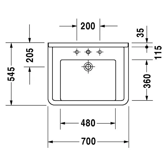 Duravit Starck 3 Waschtisch Vital - 70 x 54,5 cm, Ohne Spezialglasur, Hahnloch: Mitte, Mit Überlauf, Weiß - Technische Zeichnung eines Aufsatzwaschbeckens mit Maßangaben zu Größe und Position von Armaturen.
