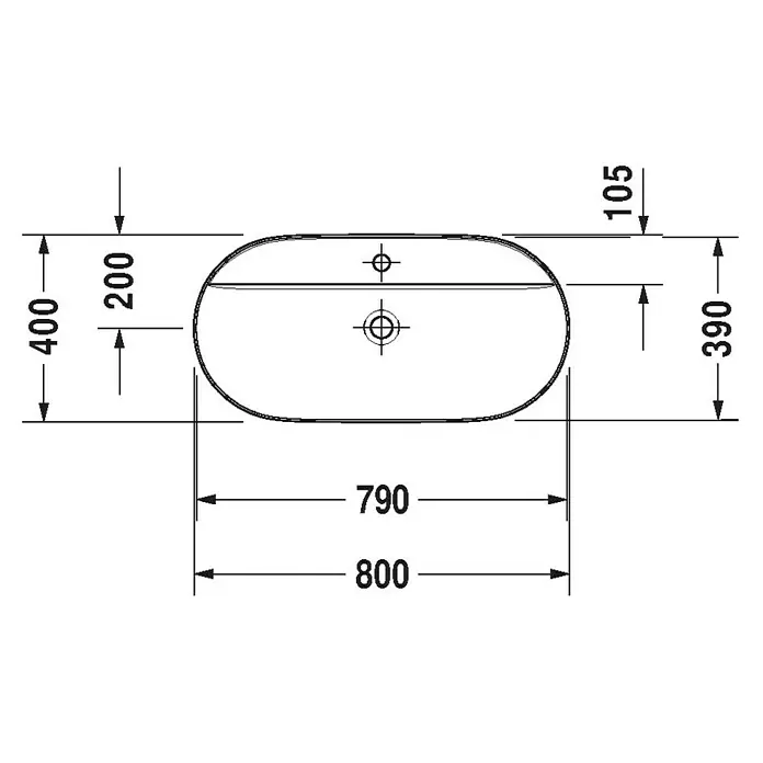 Duravit Luv Aufsatzwaschbecken - 80 x 40 cm, Ohne Spezialglasur, Hahnloch: Mitte, Ohne Überlauf, Weiß Seidenmatt - Draufsicht der Waschtisch-Abmessungen mit einer Breite von 800 mm und einer Tiefe von 400 mm zur technischen Planung.