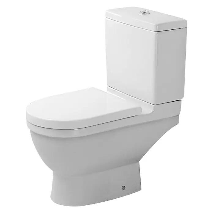 Duravit Starck 3 Stand-WC für Kombination Typ 2 - Mit Spülrand, Ohne Spezialglasur, Spülform: Tief, WC Abgang: Waagerecht, Weiß - Nahaufnahme einer weißen Toilette mit Spülkasten. Elegantes Design für jedes Badezimmer.