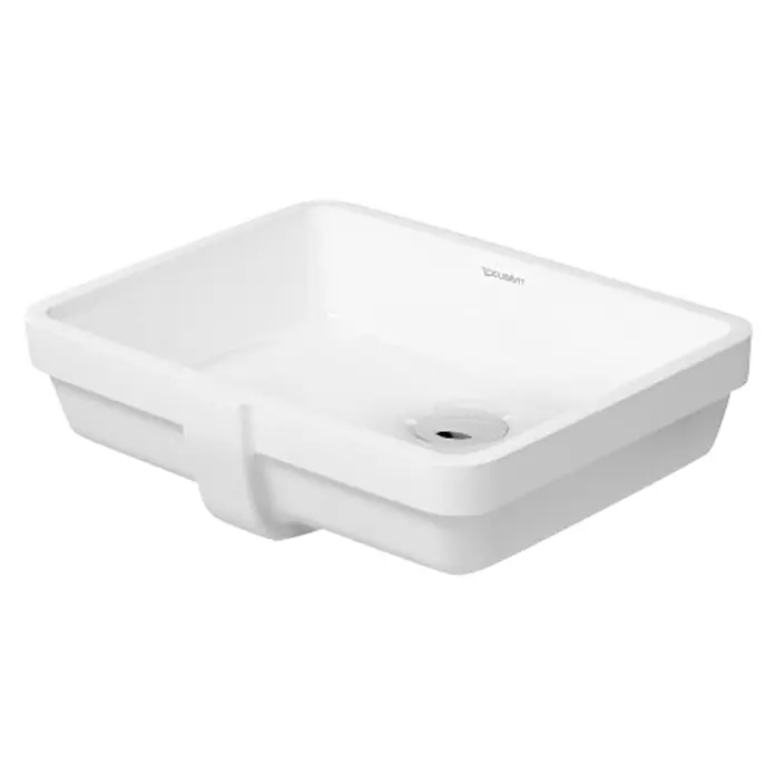 Duravit Vero Unterbauwaschbecken - 43 x 31,5 cm, Ohne Spezialglasur, Hahnloch: Ohne, Mit Überlauf, Weiß - Das Bild zeigt ein weißes, rechteckiges Aufsatzwaschbecken mit Überlauf und dem Duravit-Logo. Es ist modern und elegant.