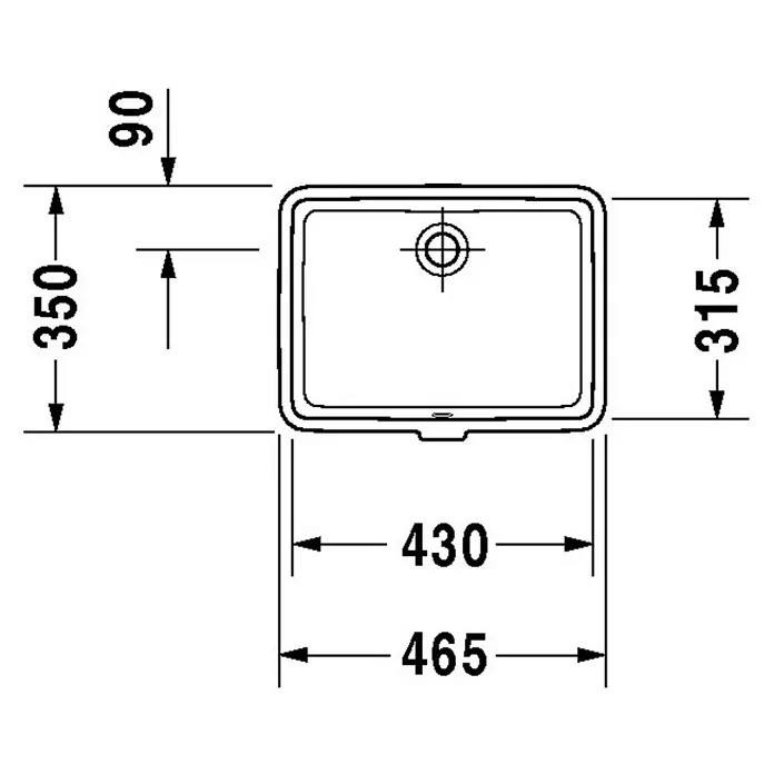 Duravit Vero Unterbauwaschbecken - 43 x 31,5 cm, Ohne Spezialglasur, Hahnloch: Ohne, Mit Überlauf, Weiß - Draufsicht auf ein Waschbecken mit Maßangaben zur Verdeutlichung der Abmessungen des Produkts.